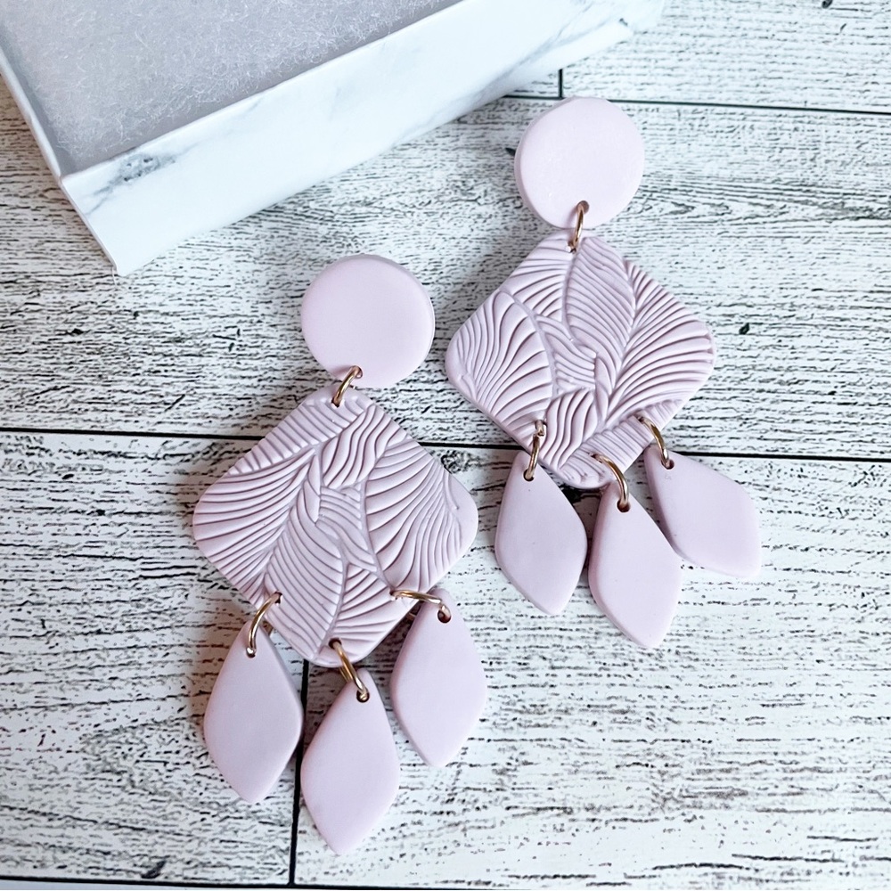 Purple Polymer Clay Organic Dangle Long floral earrings